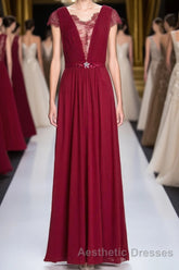 Wine Red A-line Chiffon Long Bridesmaid Dresses with Cap Sleeves